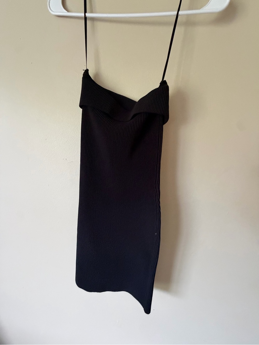 Hello Molly Black Ribbed Cowl Mini Dress with Spaghetti Straps